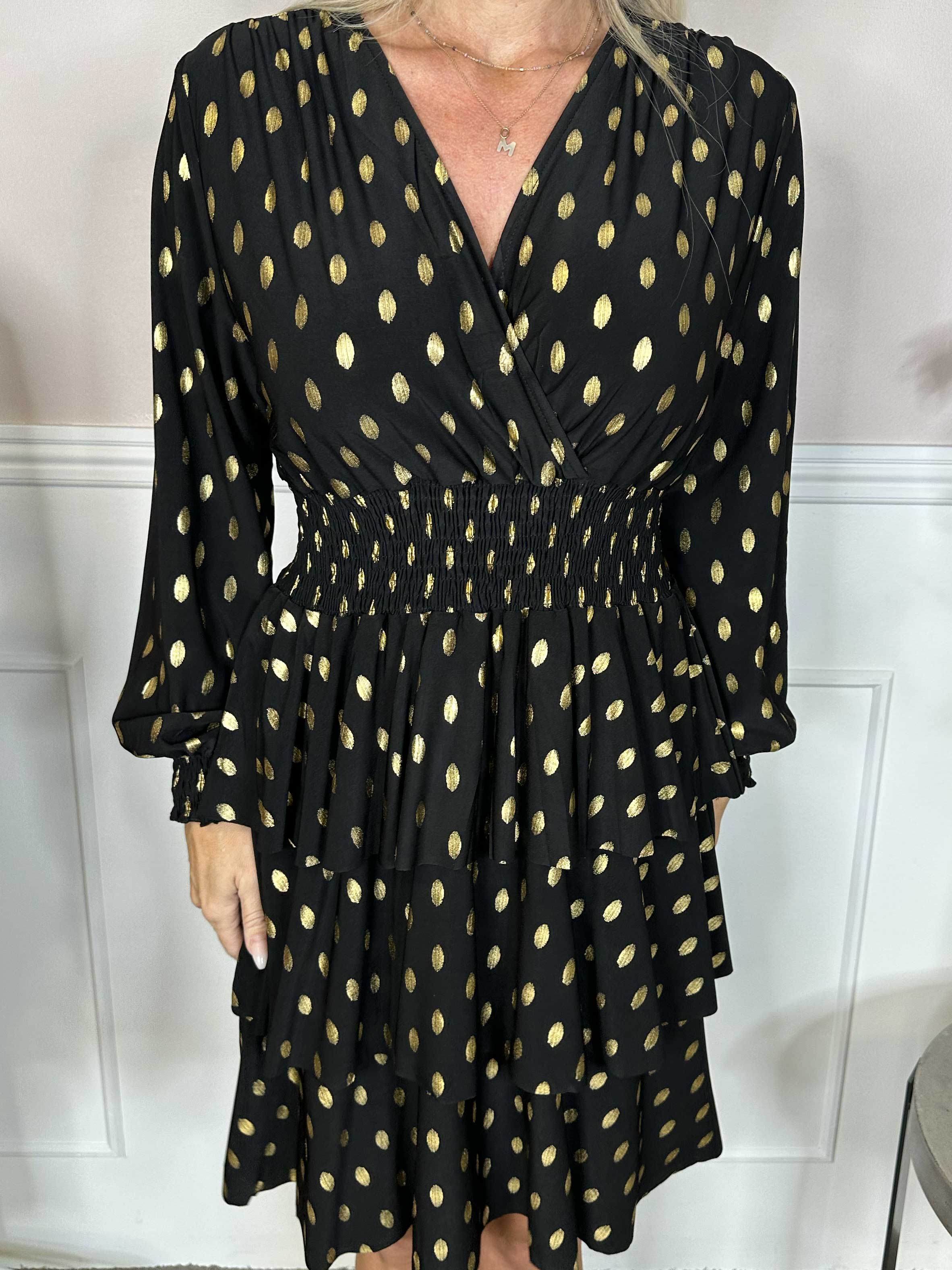 Pams Gold Dot Frills - Söt klänning med resår och volanger